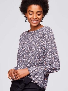 LOFT Micro-Floral Pleated Cuff + Bell Sleeve Blouse